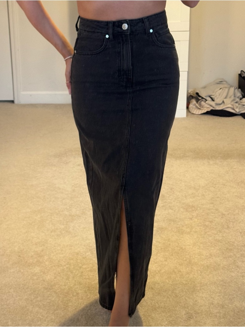 Mango black denim midi skirt